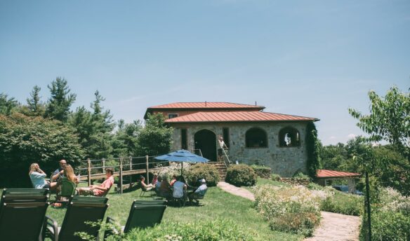 Stone building in green lawn